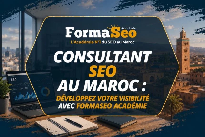 Bannière promotionnelle de FormaSeo Académie pour devenir consultant SEO au Maroc avec vue sur Marrakech.